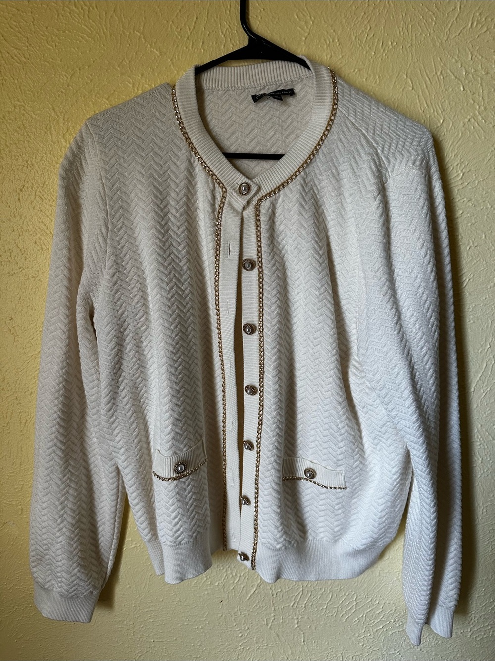Adrianna Papell Ivory Knit Cardigan with Gold Chain Trim